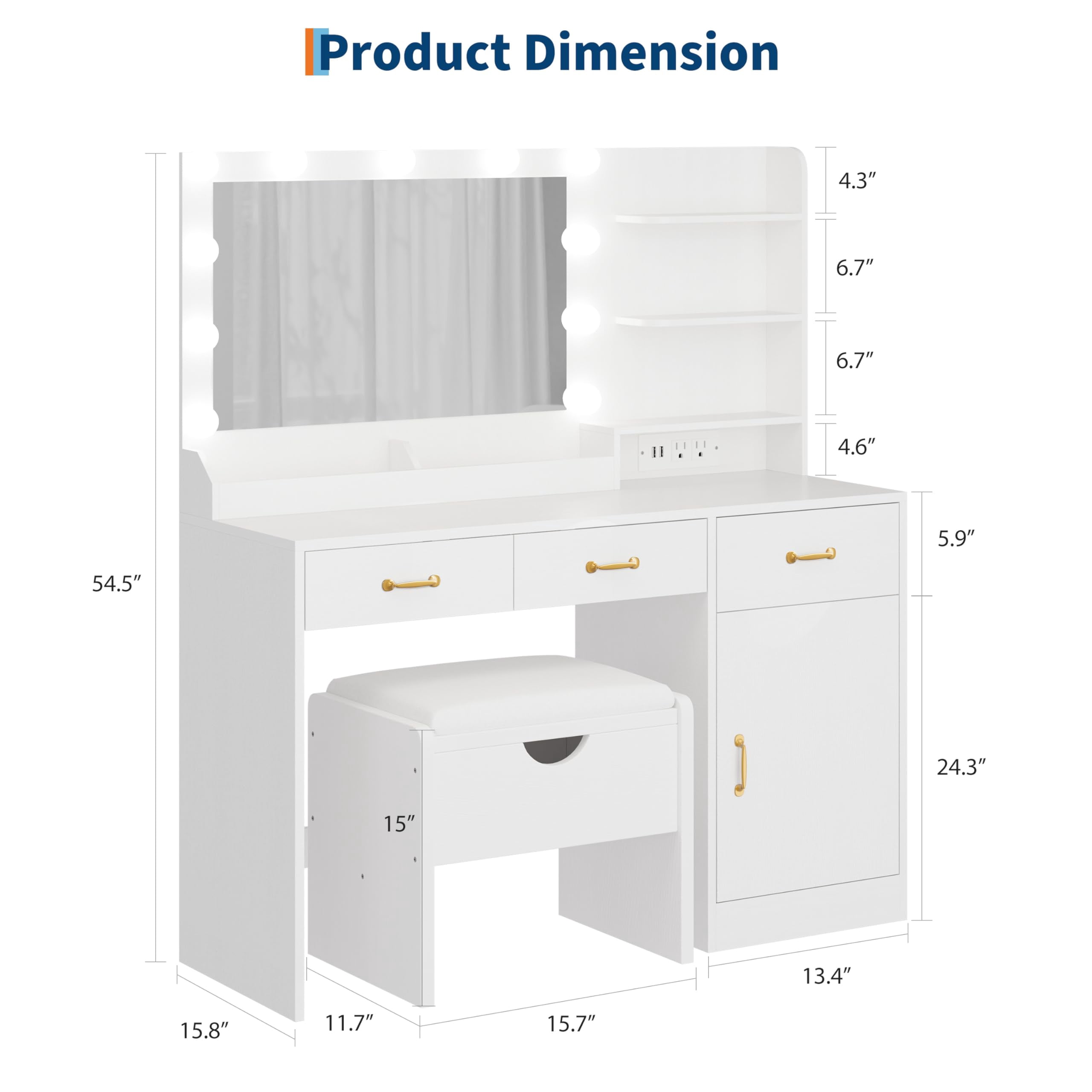 Vanity Desk with Lighted Mirror & Power Outlet, Modern Makeup Vanity Table with Drawers, Cabinets & Stool for Bedroom