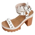 thumbnail image 2 of Pandaie Chunky High Heels for Women Strappy Platform Heeled Sandals with Rivets Open Toe Dressy Wedding Shoes for Bridal Prom (White,7), 2 of 8