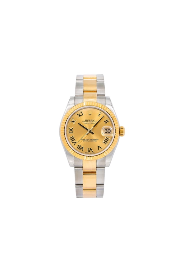 Pre-Owned Rolex Datejust 31MM 178243 Champagne Roman Dial Fluted Bezel Two Tone Yellow Gold Oyster Bracelet