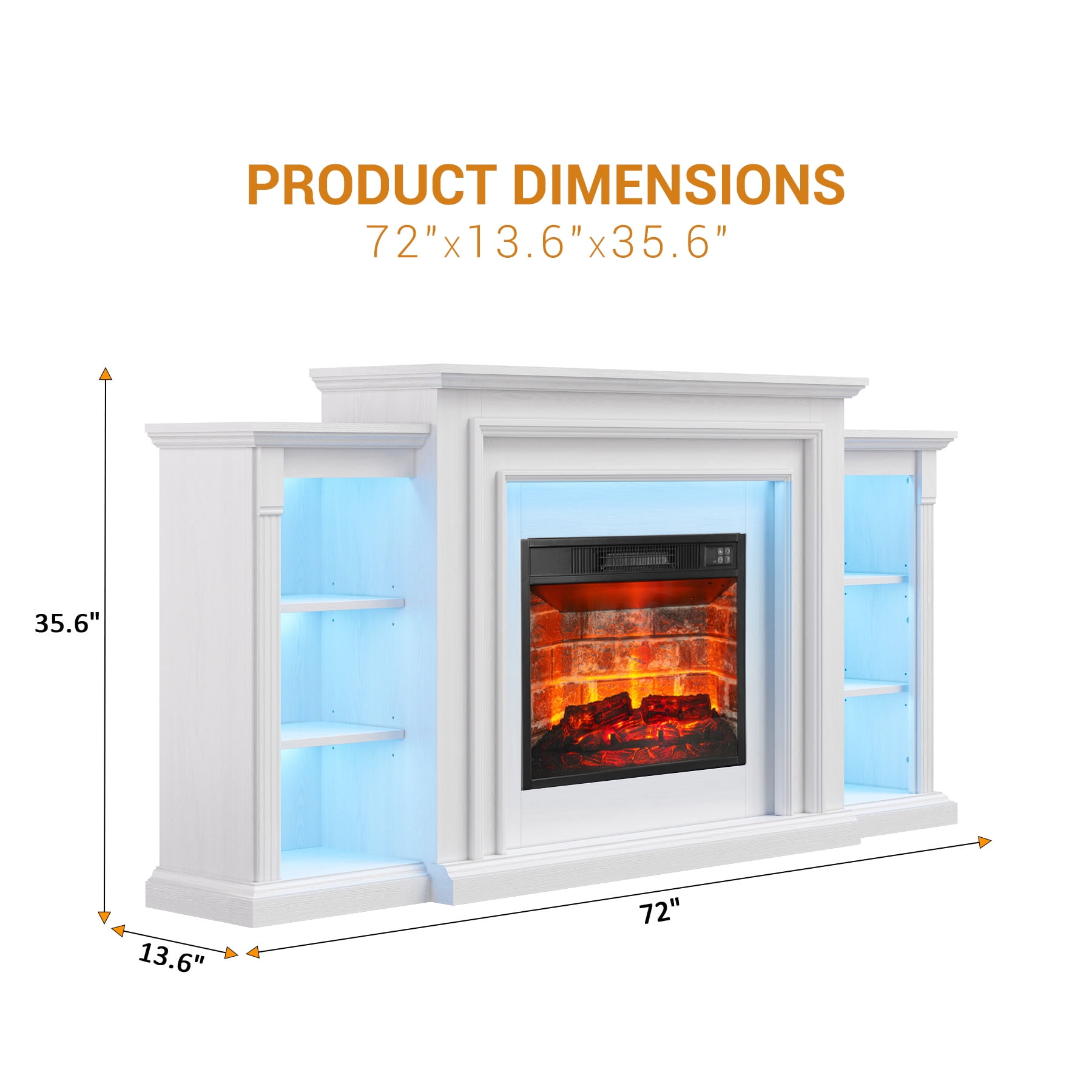 72-Inch Electric Fireplace TV Stand with Mantel, White Entertainment Center for TVs up to 80", Modern LED Media Console