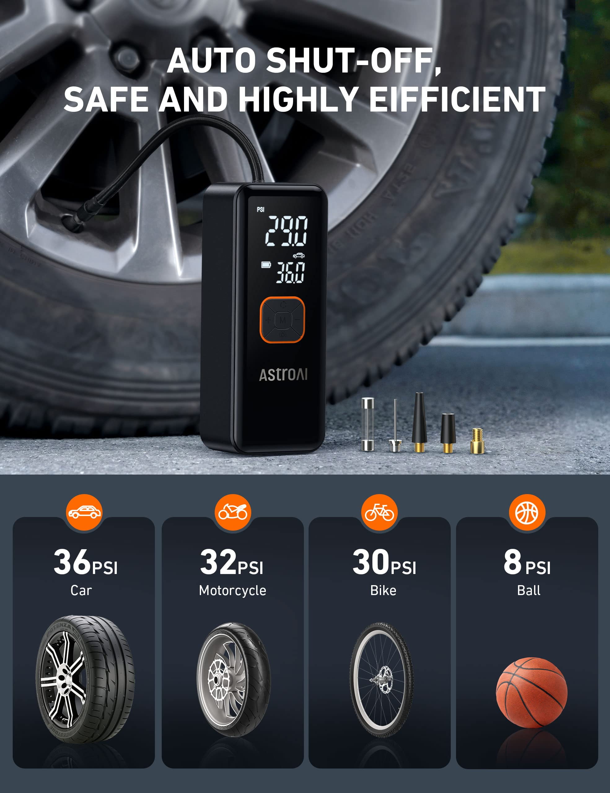 AstroAI L2 Tire Inflator Portable Air Compressor, Cordless Car Tire Pump with 6600 mAh Battery & DC Cord