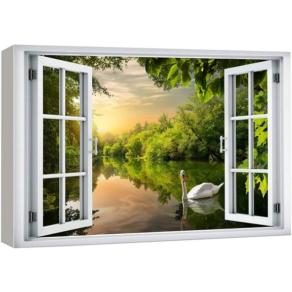 wall26 Canvas Print Wall Art Window View Swan Forest Lake Sunset Sky Zen Paradise Wilderness Nature Photography Realism Scenic Landscape Colorful Multicolor for Living Room, Bedroom, Office - 24x36