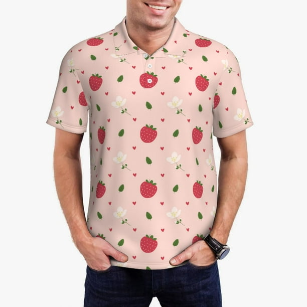 Fotbe Strawberry Camiseta Polo de Golf para Hombre con Estampado – Camisa Deportiva Transpirable con Cuello Abotonado-Large