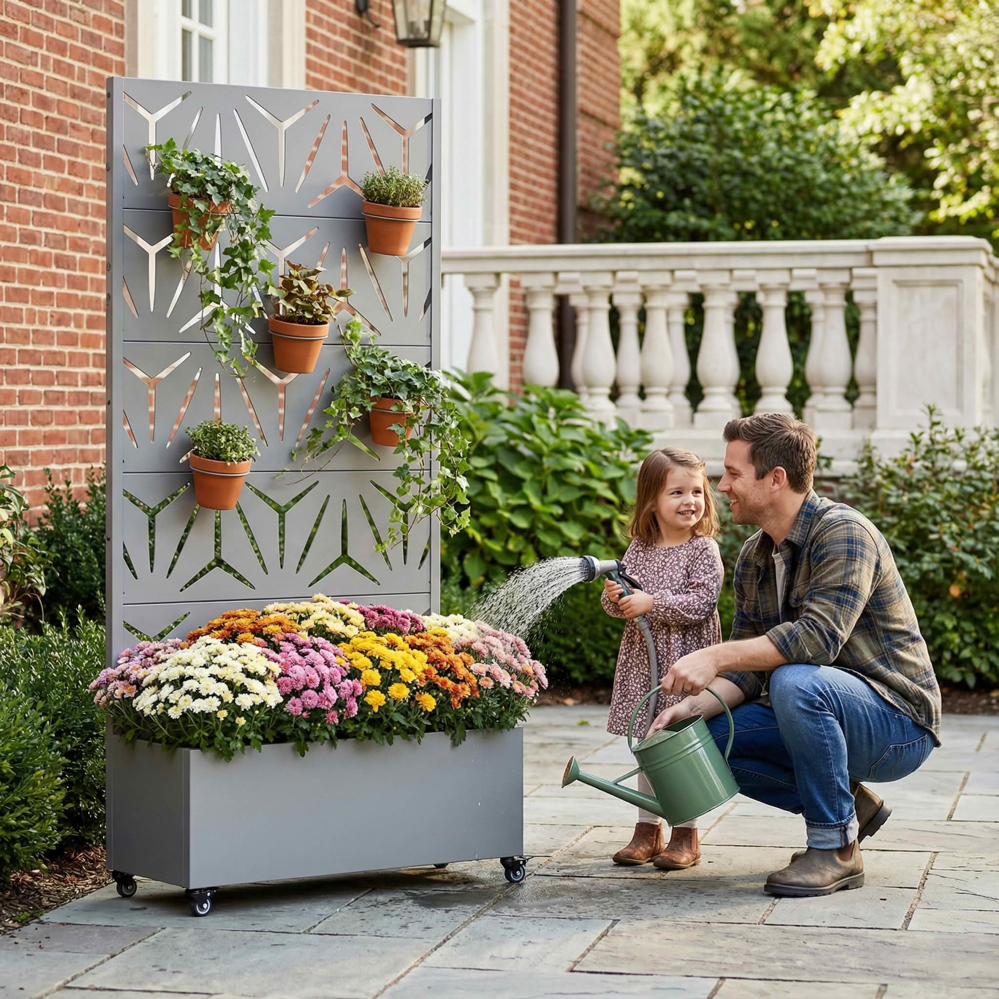 MAYEERTY 72X35" Metal Outdoor Gray Privacy Screen with Planter Box for Backyard & Garden, 5 Piece Set