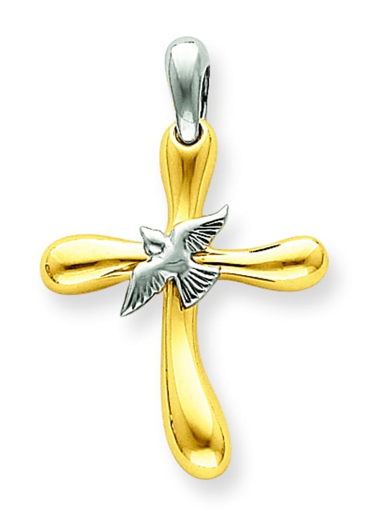 14K Two Tone Gold Cross Dove Pendant Charm Jewelry