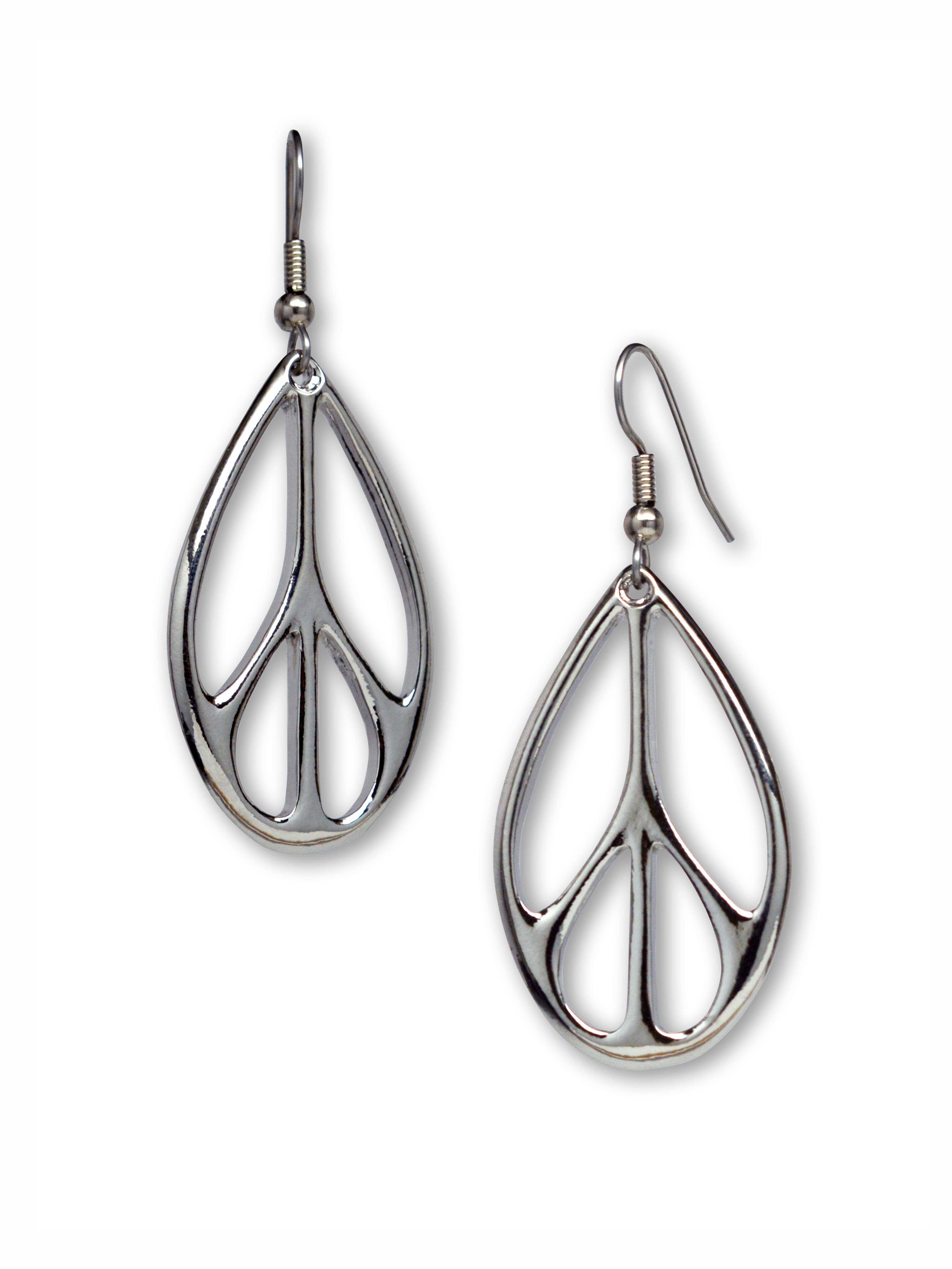 Real Metal Jewelry Oval Peace Sign Dangle Earrings Silver Finish