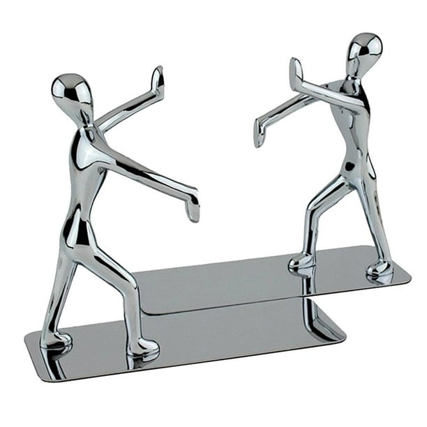 Par de sujetalibros antideslizantes con forma de hombre Kungfu, sujetalibros de escritorio para libros Plata