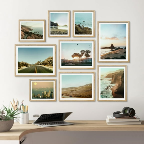 PixonSign Framed Canvas Print Wall Art Set - Los Angeles Ocean Beach Variety Landscape Posters - Gallery Set of 9 Nature Wilderness Plants Photography Art Wall Décor for Living Room - Natural