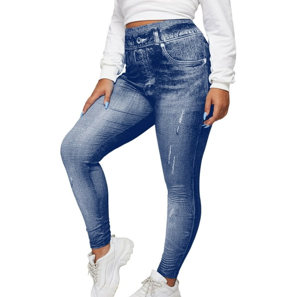 MAWCLOS Ladies Plus Size Leggings Tummy Control Fake Jeans High