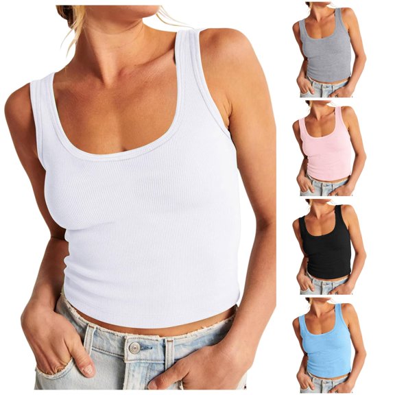 Gyujnb Women U‑Neck Ribbed Sleeveless Tank Top, Slim Fit Basic Casual Layering Cami Vest,White