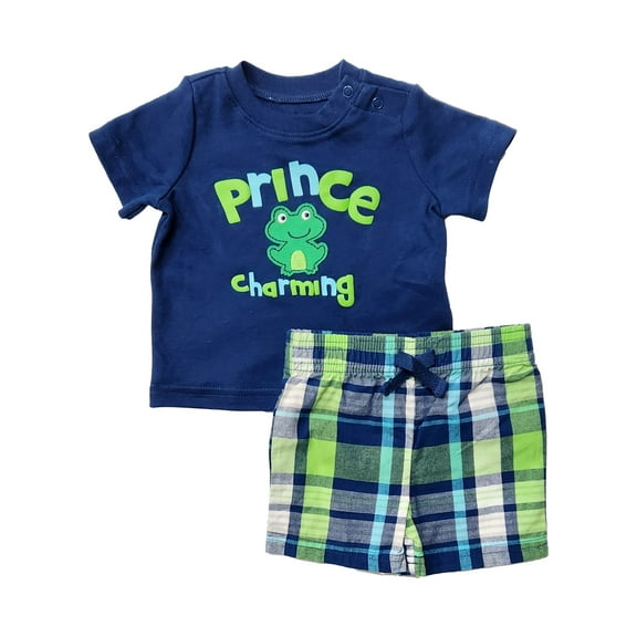Infant Boys Blue & Green Prince Charming Shirt & Plaid Shorts Outfit Set 3-6m
