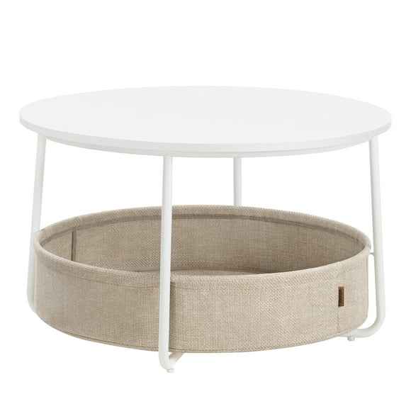VASAGLE Table Basse avec Rangement, Table Centrale Ronde pour Salon avec Panier en Tissu, Style Moderne, Cadre en Métal, Blanc Mat et Brun Chameau