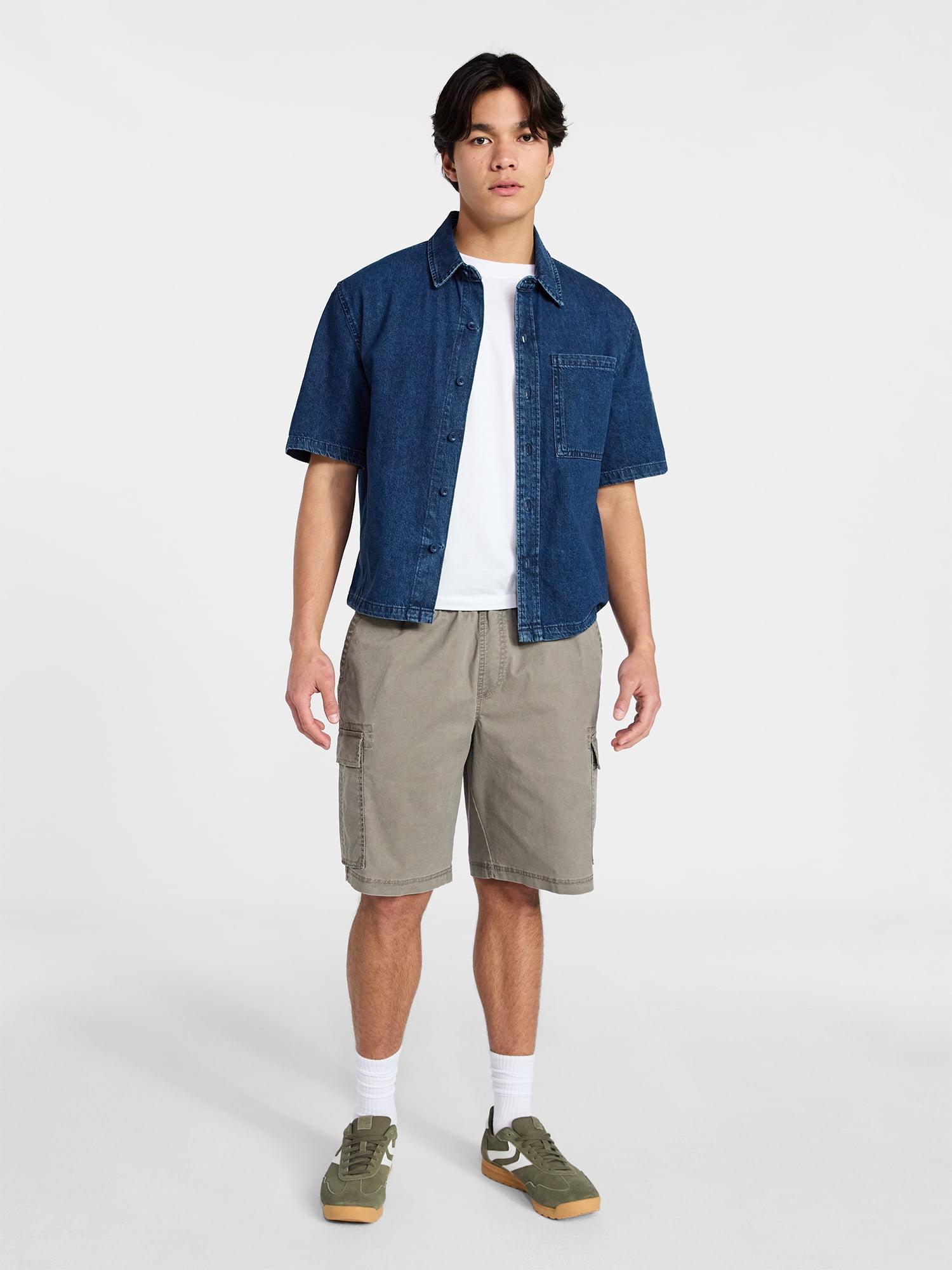 No Boundaries Denim Boxy Fit Shirt with Short Sleeves, Men's XS-4XLT