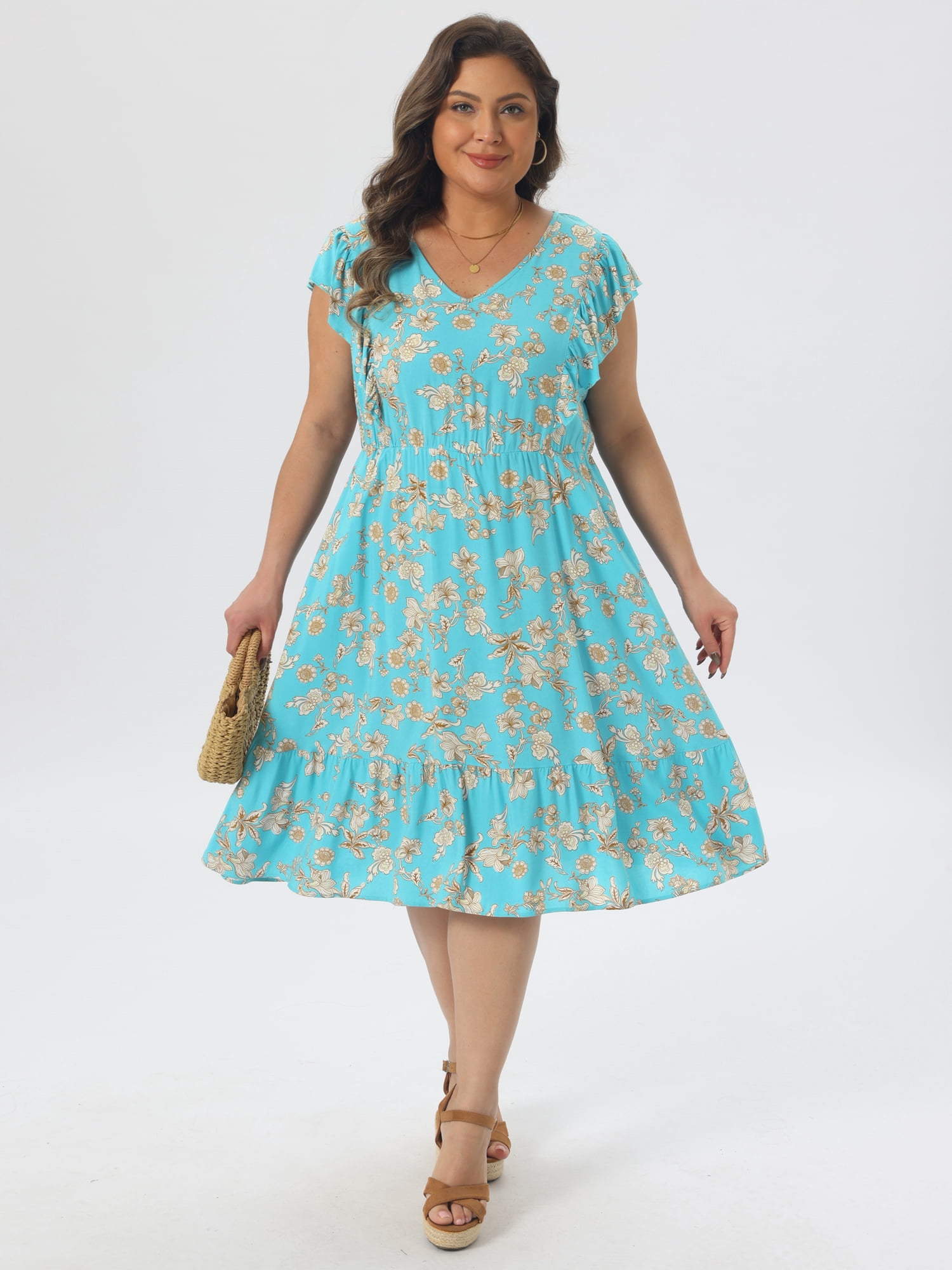 DARING DIVA Women's Plus Size V Neck Ruffle Sleeve Knee Length Casual Dress 4X Lake Blue