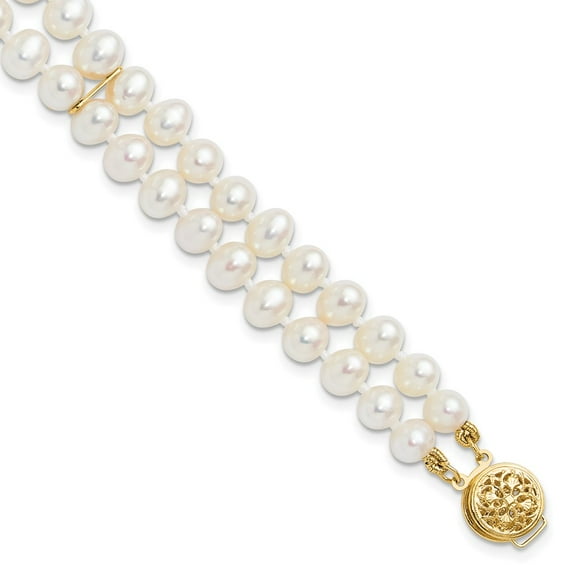 Primal Gold 14 Karat Yellow Gold 5-6mm White Near Round Freshwater Cultured Pearl 2-strand Bracelet