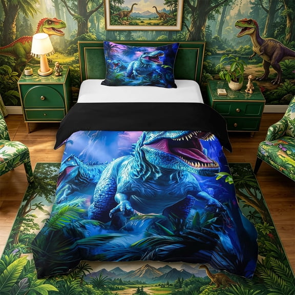 Metsweet Abstrcat T-Rex Twin Duvet Cover, Jungle Tropical Leaves Twin Bedding, Blue Green Purple,Black Reversible,2pcs,1 Duvet Cover and 1 Pillowcase