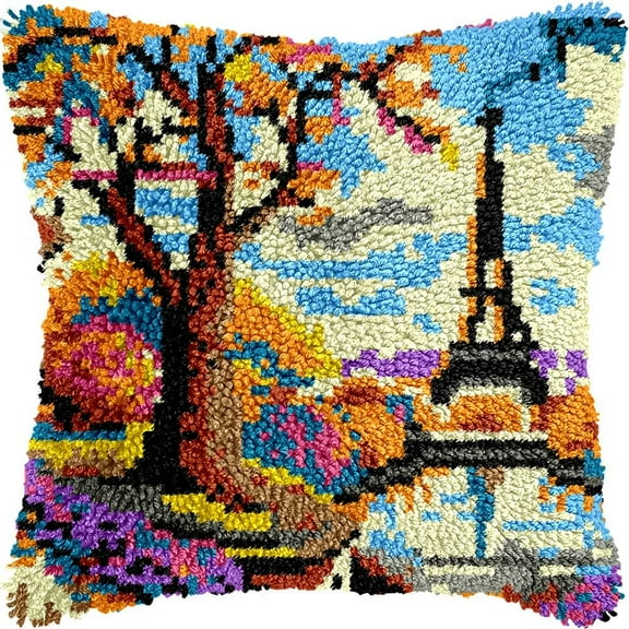 Latch Hook Pillow Kits Pillow Cover Eiffel Tower Scenery Pattern Printed Canvas Knitted Hooking Pillowcase Cushion With Zipper Crafts Crochet Home Decor Gift 17x17 inch(c25)