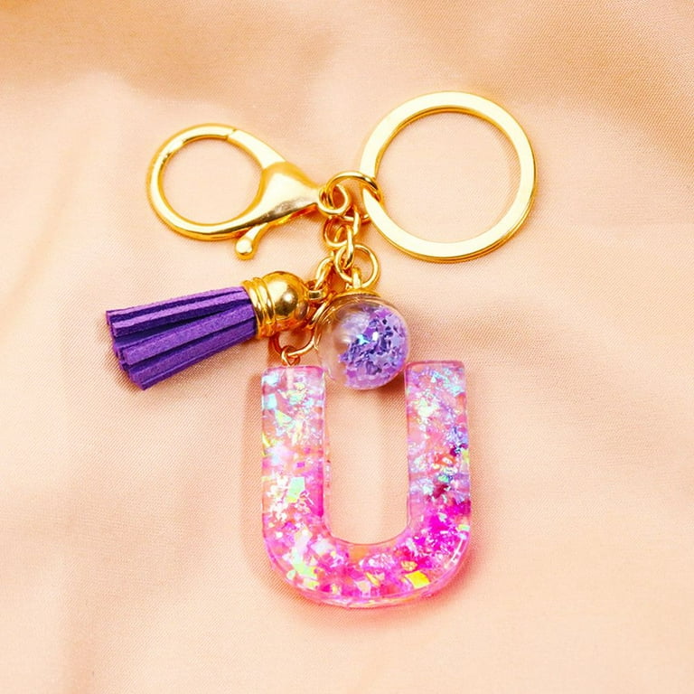 Pink Tassel Gold Foil 26 Letter Pendent Keychain for Women Resin Keyrings  Girls Bag Ornamant Accessories Gifts