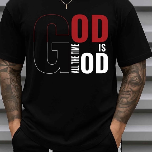 T-Shirt for Men Casual Short Sleeve Round Neck Print Gift - Men'S God Is All Time T 100% Faith Statement Tee Christian Apparel