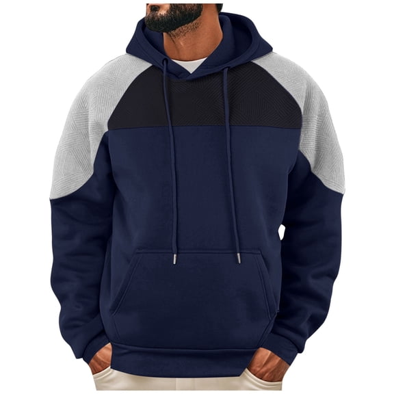 HAiming Hoodie for men Color Block fleece lined Pullover long sleeve Casual Drawstring Hooded Sweatshirts with pocket