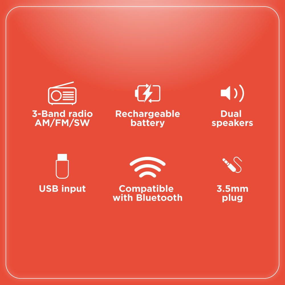 RadioShack Portable Retro AM/FM/SW Radio with Bluetooth, Rechargeable Battery, High-Power Speaker, USB and microSD Playback, 3.5mm Input, Orange, Model 4001802
