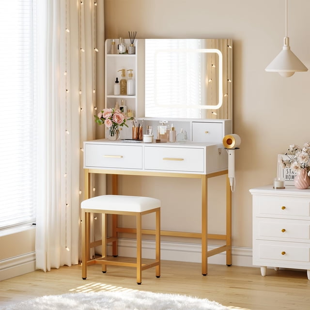 Yiwa Modern Makeup Vanity Table Set, Lighted Mirror, Chair, 4 Storage Drawers, Power Outlet, and Shelves