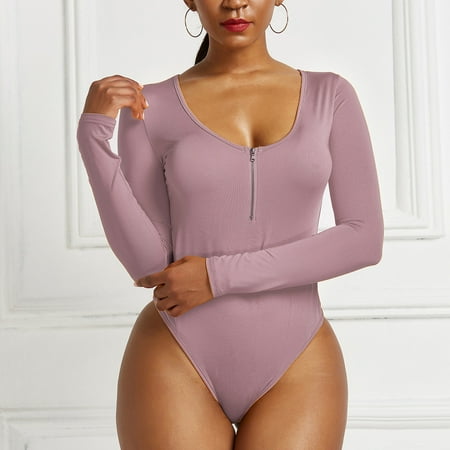 

Wenini Bodysuit for Women One-piece Fashion Sexy Basics Versatile Solidleisure Long Sleeve Sexy Basics Versatile Solid Color Fashion Round-neck Tight Jumpsuit Shapewear Bodysuit