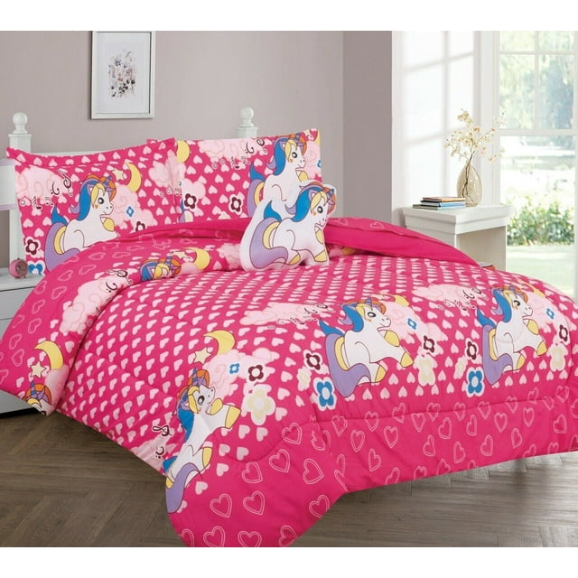 SAMIMPORT-2011 Juego de cama de 6 piezas con edredón de unicornio rosa, tamaño individual