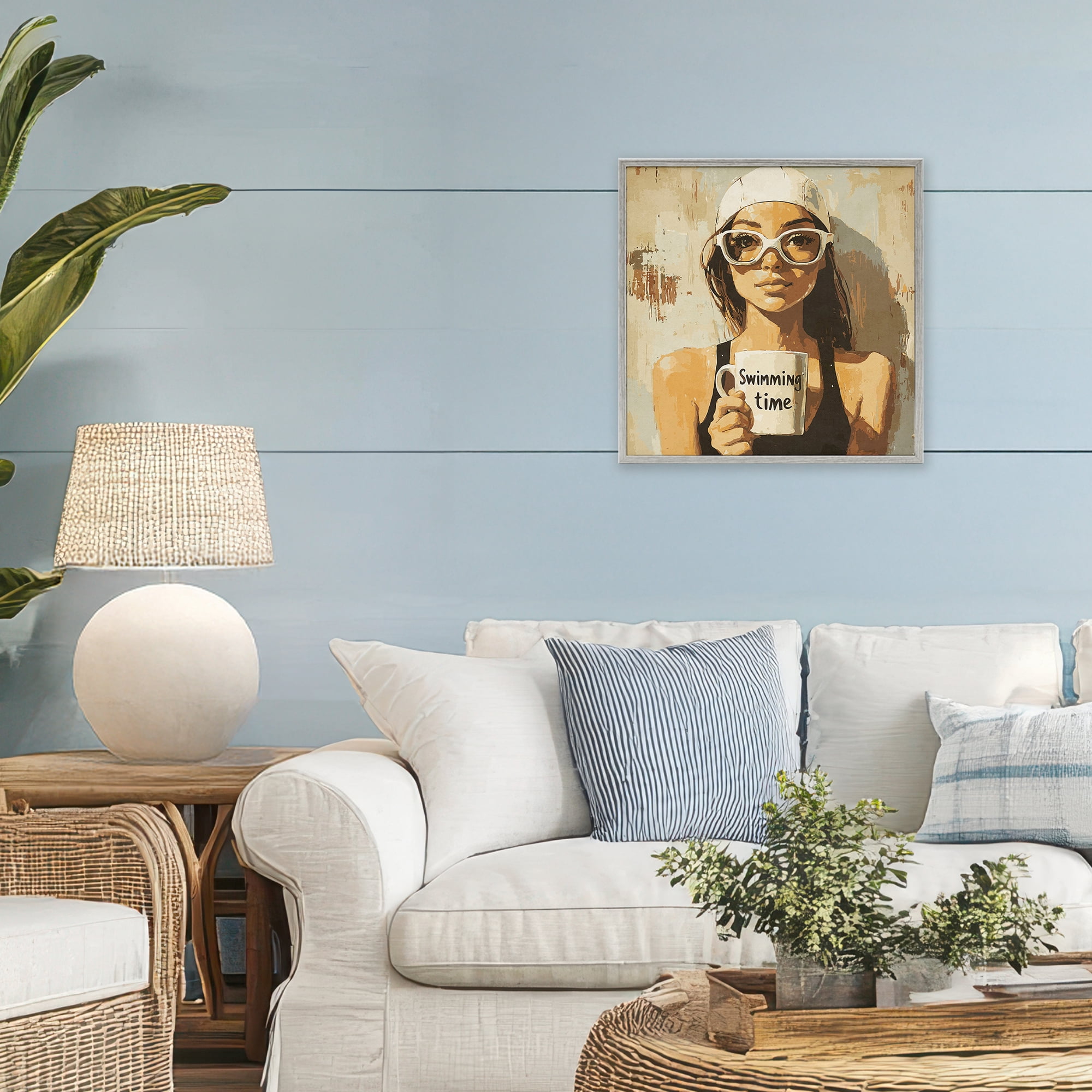 Stupell Industries Swimming Mug Girl Gray Framed Giclee Art, design by Layla Oz
