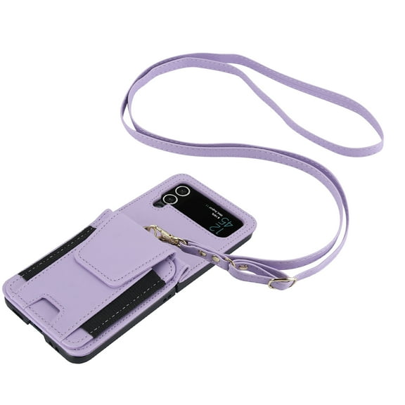 Allytechgroup Wallet Case for Samsung Galaxy Z Flip 4, with Crossbody Shoulder Strap Bumper Shockproof Cards Holder RFID Blocking Slim Phone Case for Galaxy Z Flip4, Lightpurple