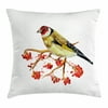 Rowan Throw Pillow Cushion Cover, Watercolor Painting Style Cute Wild Bird on Branch with Berries Artwork, Decorative Square Accent Pillow Case, 20 X 20 Inches, Earth Yellow Red Black, by Ambesonne