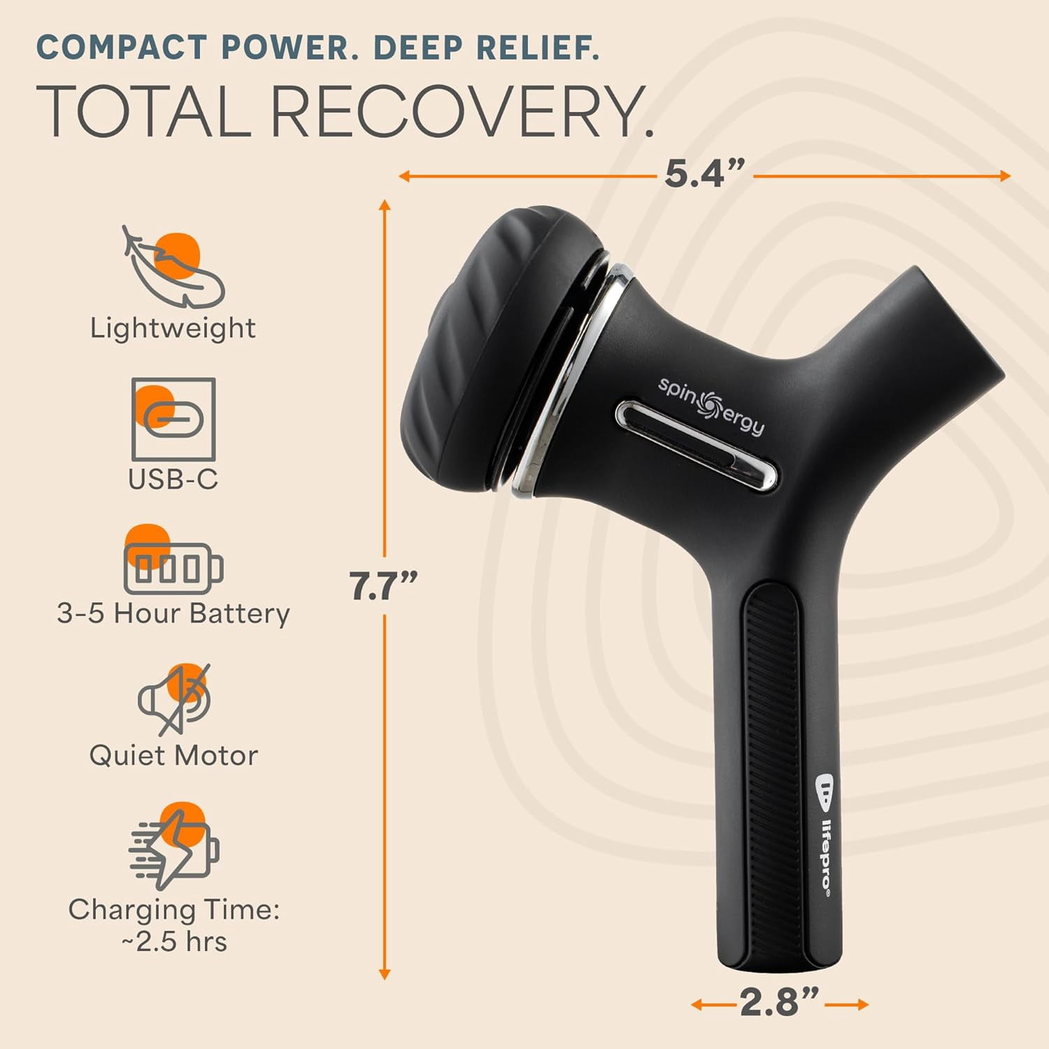 LifePro Spinergy Portable Massage Gun - Deep Tissue Rotary Massager Gun Handheld Massager for Sore Muscles with 6 Speeds, 4 Heads & Massage Oil - Black
