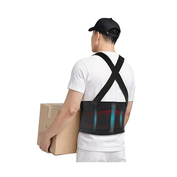Work Back Brace for Men & Women, Adjustable Lower Back Support Belt with Suspenders for Back Pain Relief, Moving Construction Warehouse Heavy Lifting Safety & Protection (Black, Medium)