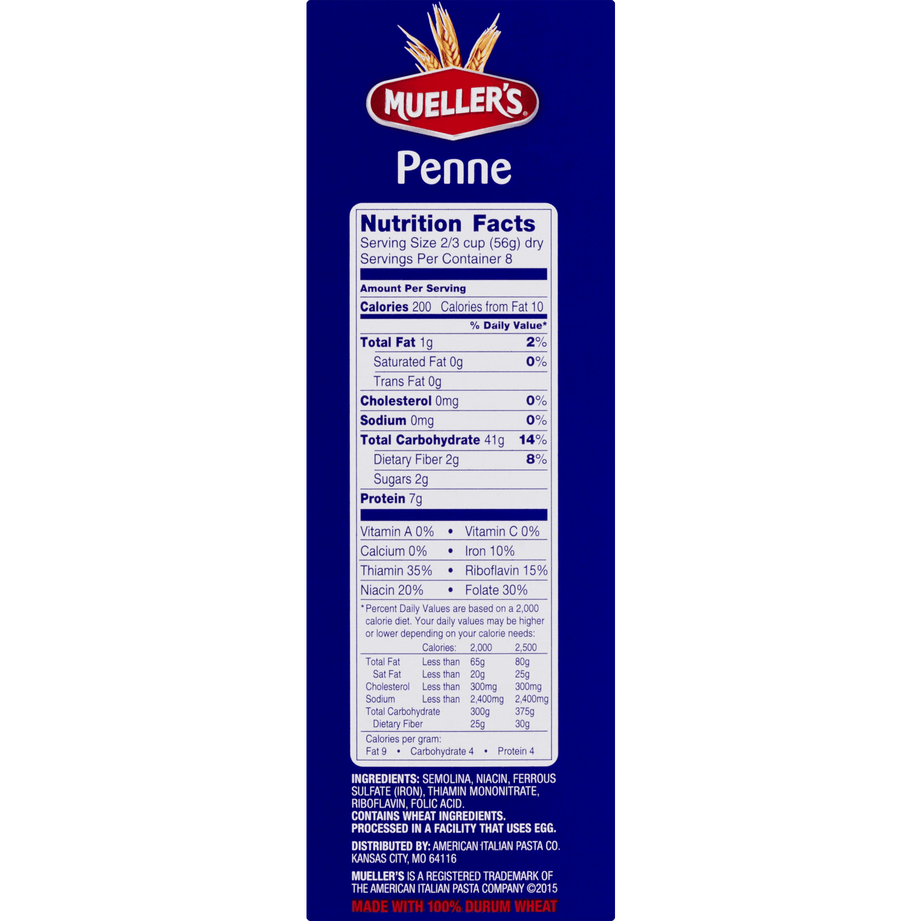 (2 pack) Mueller's Sodium-Free, Cholesterol-Free Penne Rigate Pasta, 16 oz (Shelf-Stable)