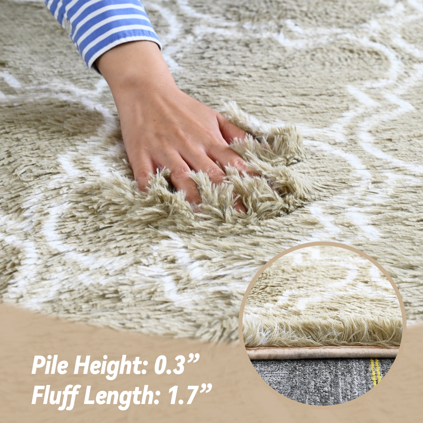 Pentantan 8ft x 10ft Geometric Shag Area Rugs for Living Room, Moroccan Fluffy Bedroom Carpet, Camel & White