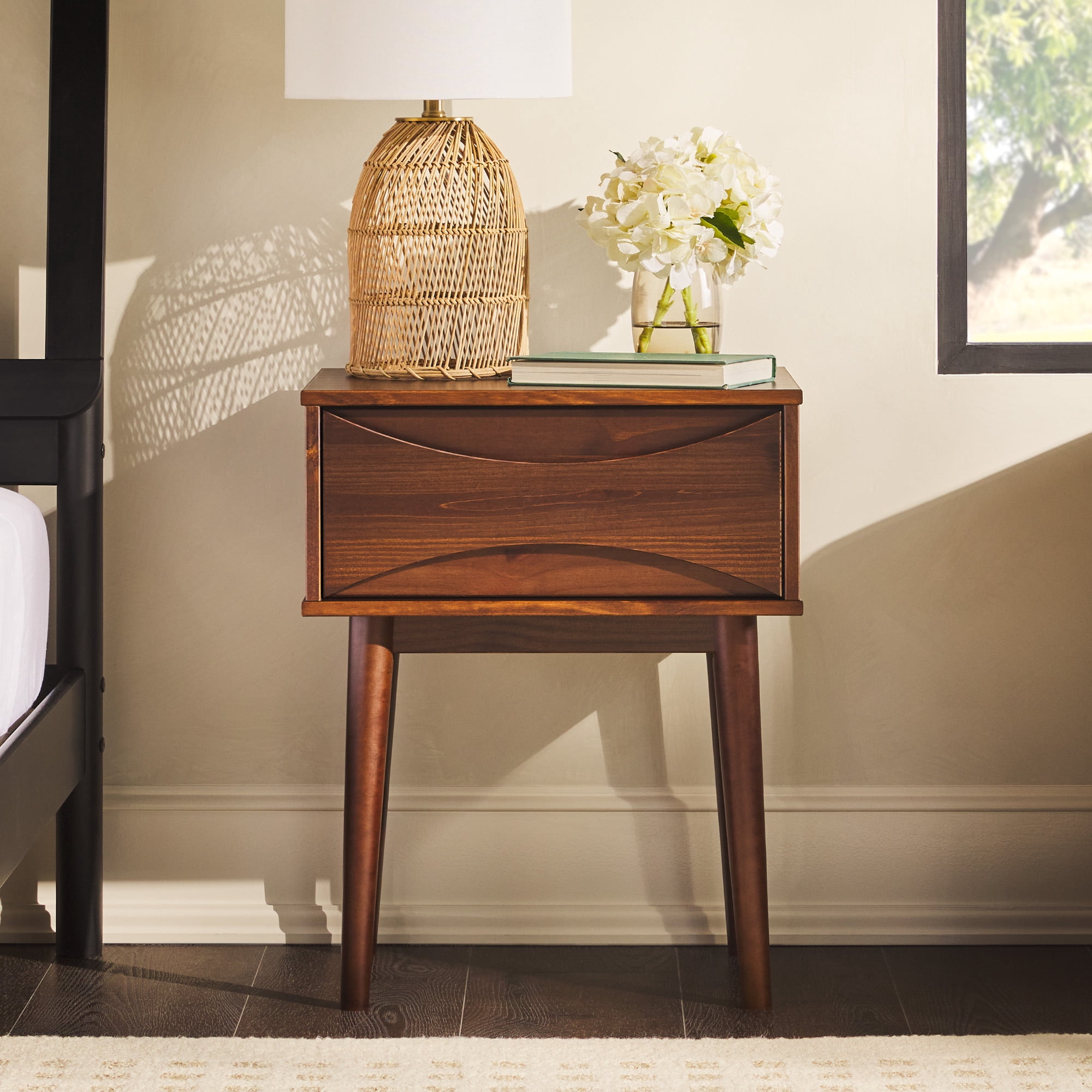 Walker Edison Mid-Century Modern Solid Wood 1-Drawer Nightstand, 2 Pack, Walnut