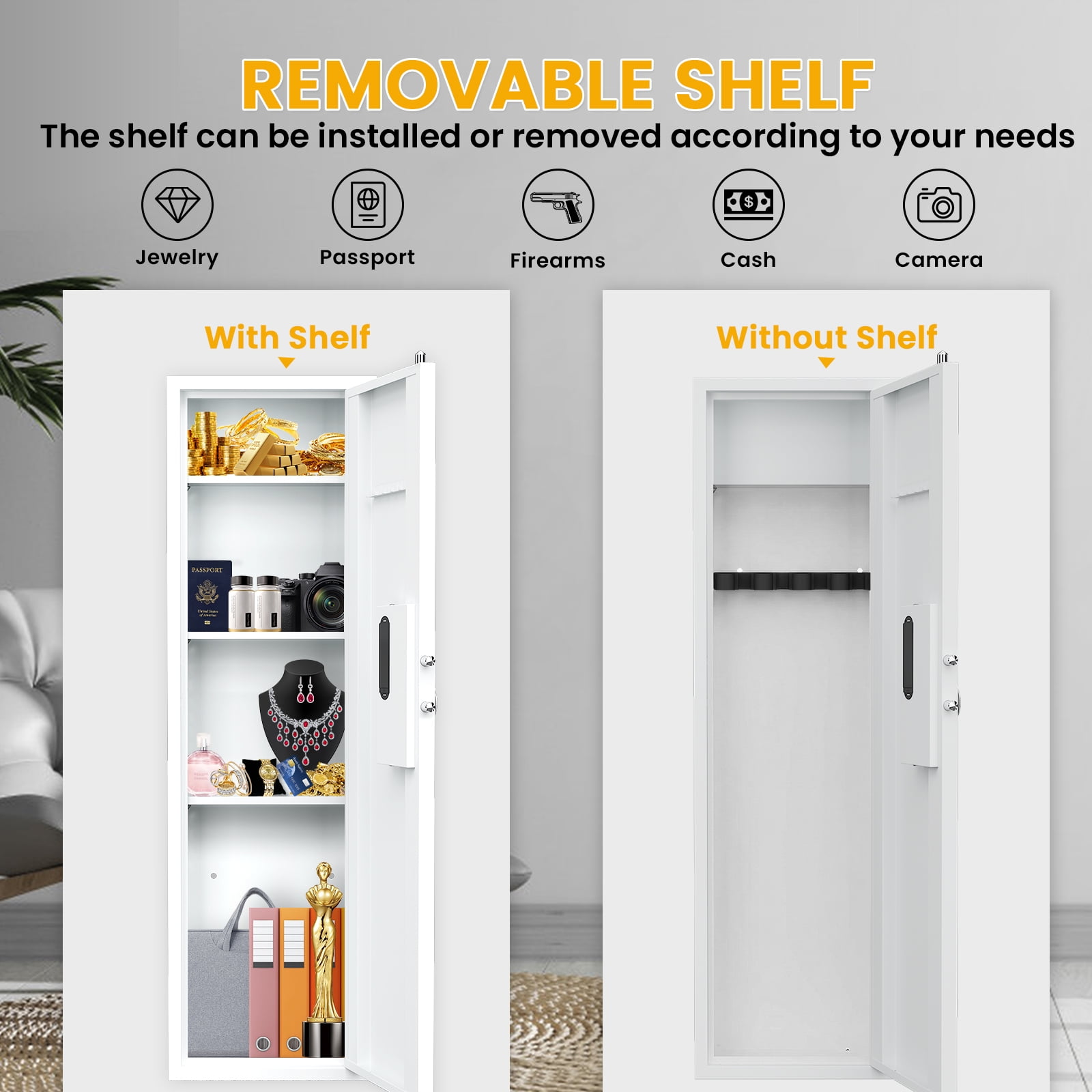 53.15" In Wall Gun Safe, Wall Safe Between the Studs, Biometric Hidden Gun Safes for Pistols, Gun Cabinets for Shotguns with Gun Rack and Adjustable Shelves(White-Fingerprint)