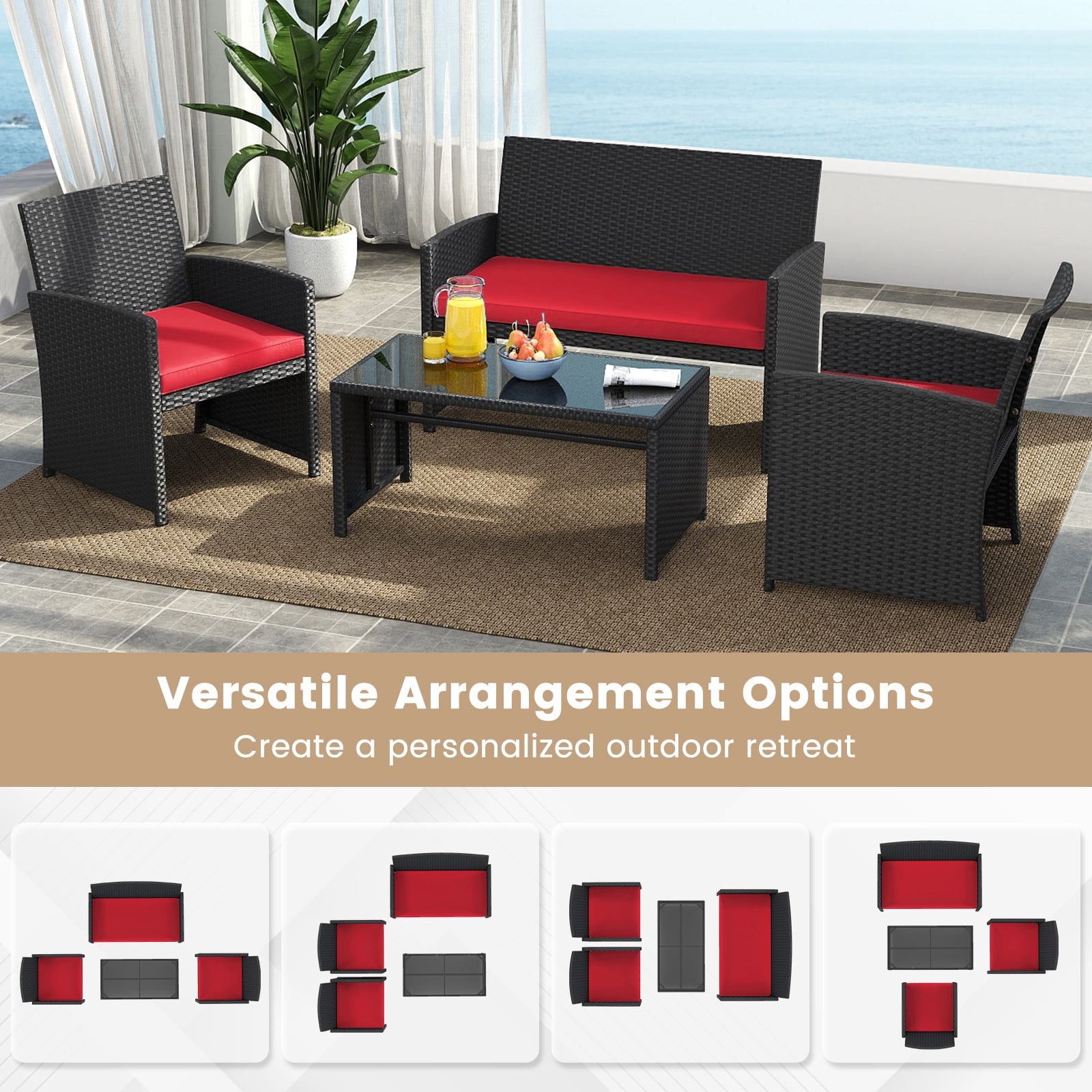 Costway 4PCS Patio Rattan Furniture Conversation Set Cushion Sofa Table Garden Red