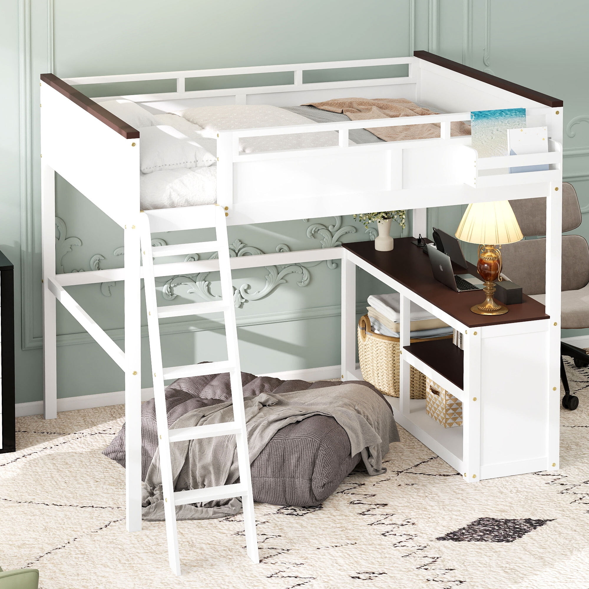Euroco Solid Wood Queen Size Loft Bed with Built-in Desk & Shelves, USB Charging Station – Space-Saving Study Bed for Adults & Teens