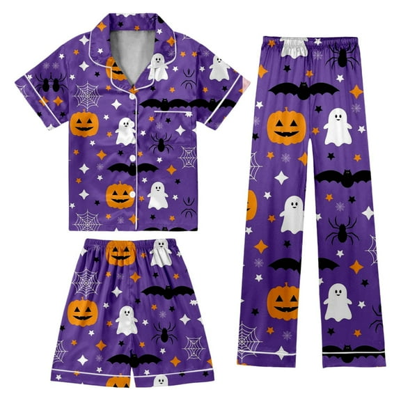 CONFREE Toddler Girls Halloween Pajamas Short Sleeve Cartoon Pumpkin Ghost Loungewear Tops Shorts Pant Hallowmas 3Pcs Pjs for Toddler Girl Cozy Jammies
