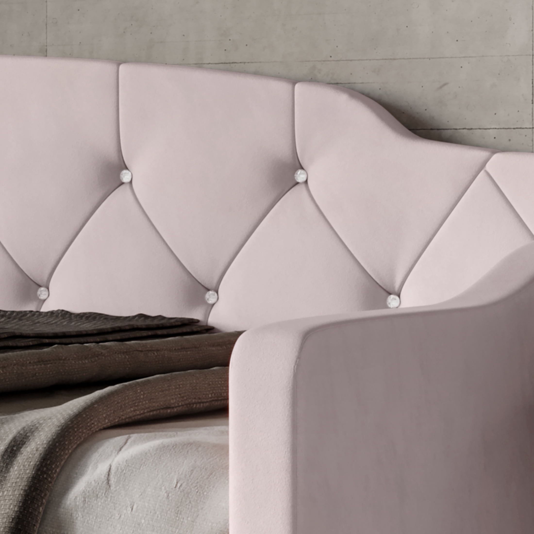 Castle Place Twin Velvet Upholstered Daybed with Crystal Button Tufting, Light Pink