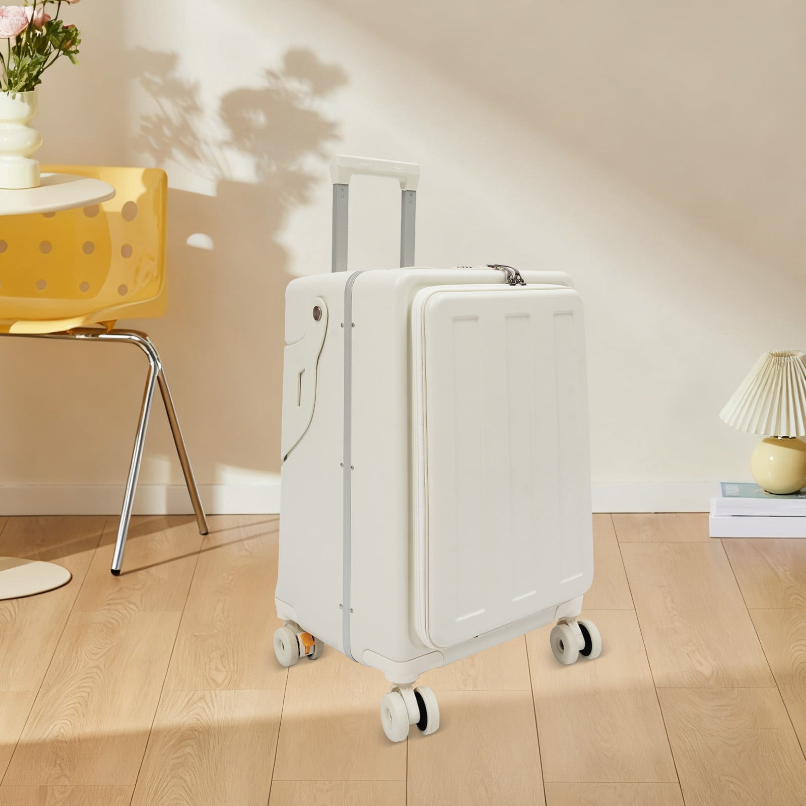 14in Carry on Luggage Hard Shell Suitcases with Laptop Compartment, Rolling Luggage with Access to Central Compartment Hardshell (White)