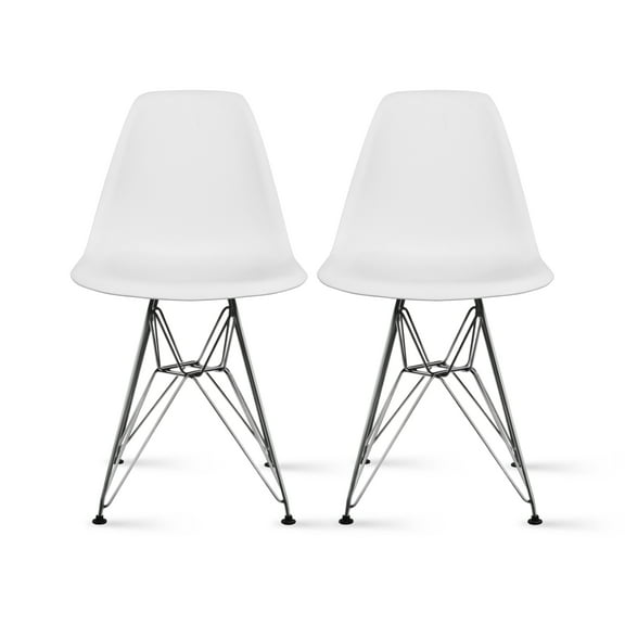 2xhome Set of 2 White Desk Chair Mid Century Modern Plastic Molded Shell Assembled Chairs Chrome Wire Metal Eiffel Side Armless No Arms DSW for Work Office Dining Living Kitchen Bedroom