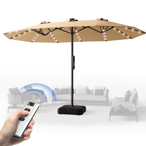 15ft Smart Electric Patio Umbrella, Large Double Sided Rectangular Outdoor Patio Umbrella with Light and Base for Lawn, Garden, Backyard,Beige
