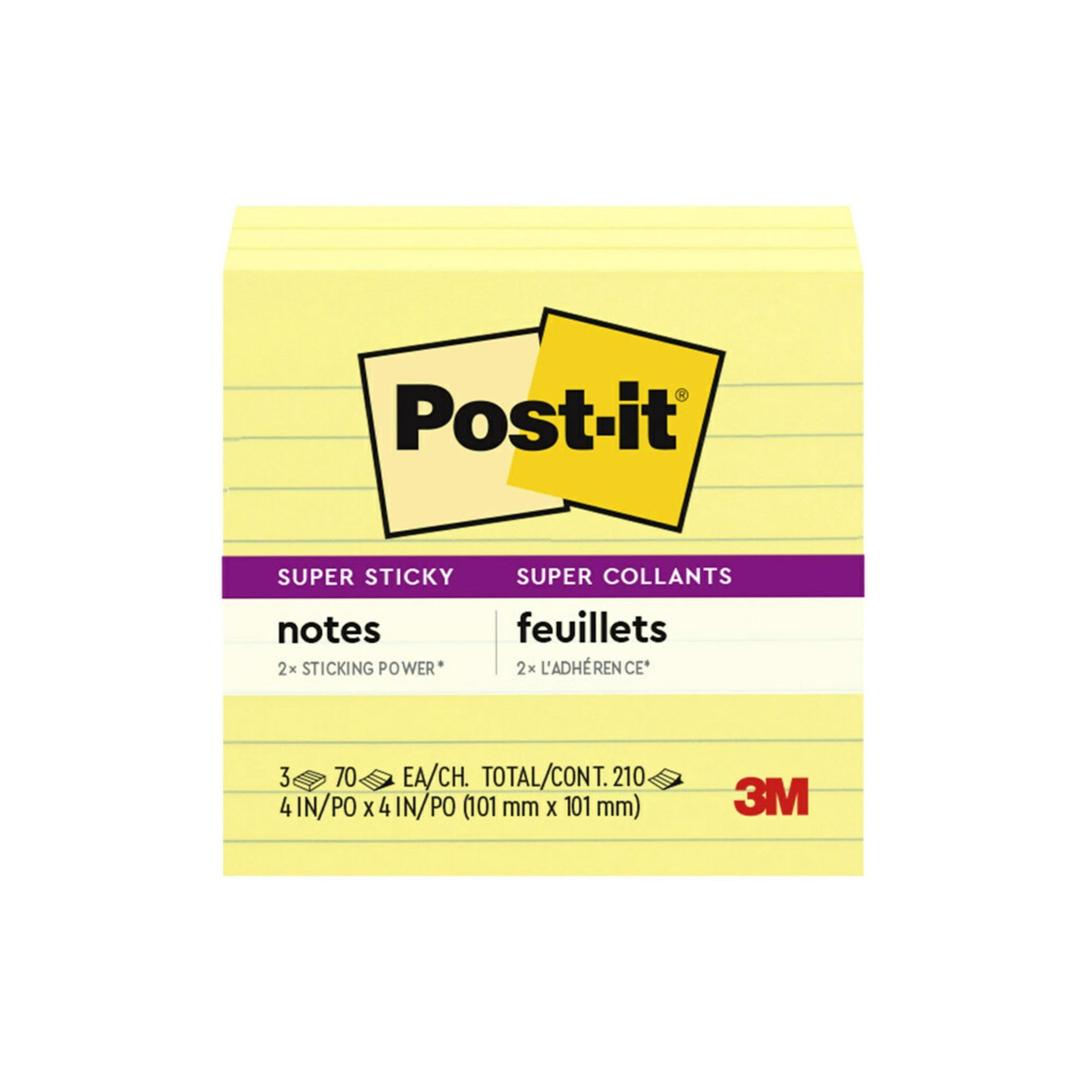Post-it Super Sticky Lined Notes, 4 in x 4 in, Canary Yellow, 3 Pads
