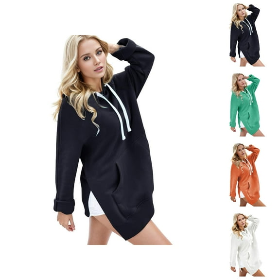 Hoodie Dress for Women 2025 Fall Winter Long Sleeve Side Slit Plain Hooded Sweatshirt with Pockets Pullover Tops