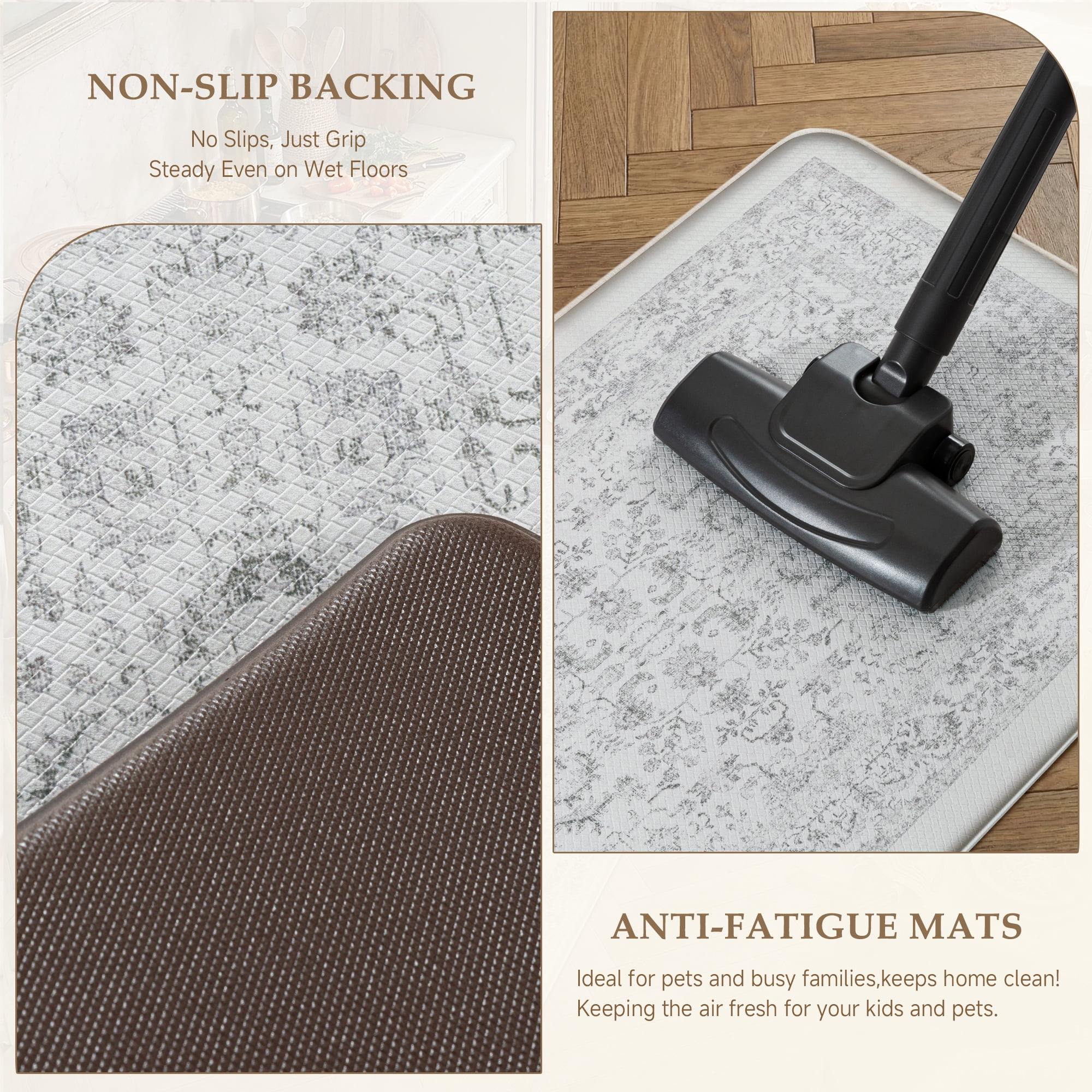 BERTHMEER Kitchen Rugs for Floor 2 Piece, 17.3"x30"+17.3"x47" Anti Fatigue Waterproof Gray Kitchen Mats, Non Slip Comfort Standing Mat Rug for Home, Sink, Laundry, Gray