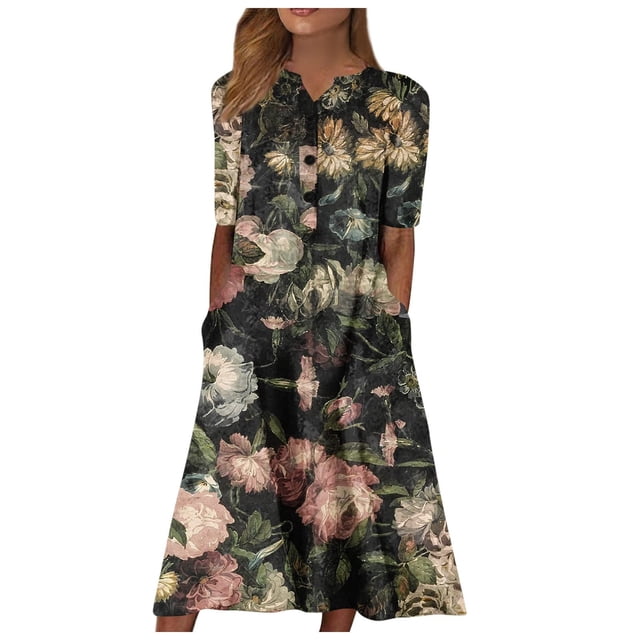 Robes Maxi pour Femmes 2023 Robe Décontractée à Manches Courtes Col en V Imprimée avec Poches en Liquidation