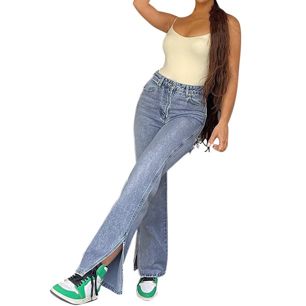 Tall Woman Clothes rasgados elásticos de cintura alta de casual para mujer (Blue, L)