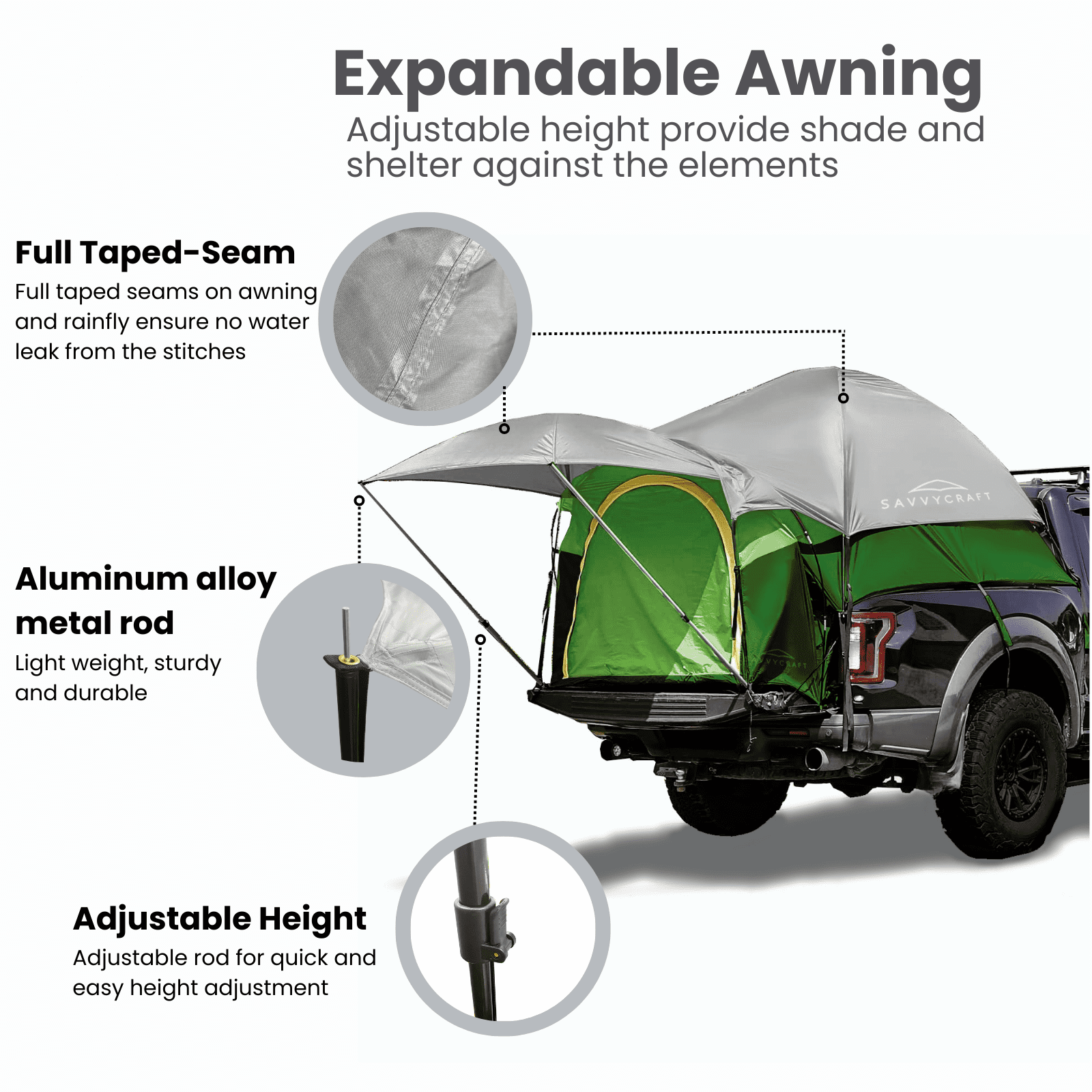 Savvycraft Pickup Truck Tent for Full Size Truck 8.0'-8.2' Long Bed, Waterproof P3000mm 2-Person Double Layer Truck Bed Tent Camping Tent, Expandable Awning, Rainfly, Storage Bag Included Green